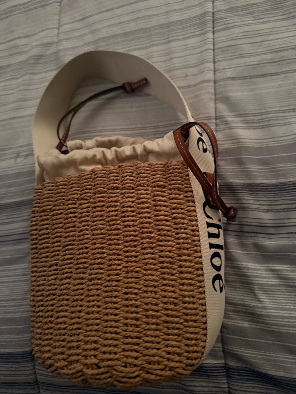 Natural Straw Bucket Bag with Canvas Strap